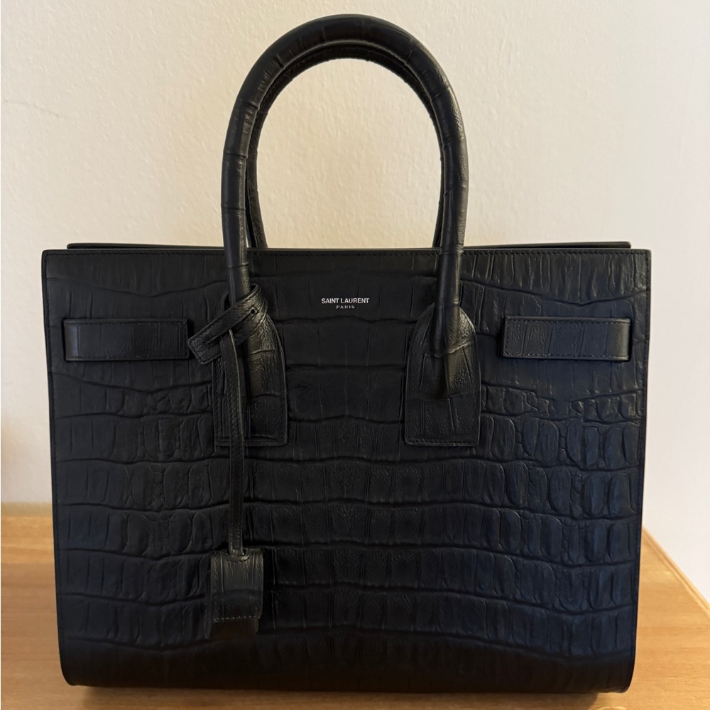 Saint Laurent Black Sac de Jour Croc-Embossed Bag with Silver Padlock